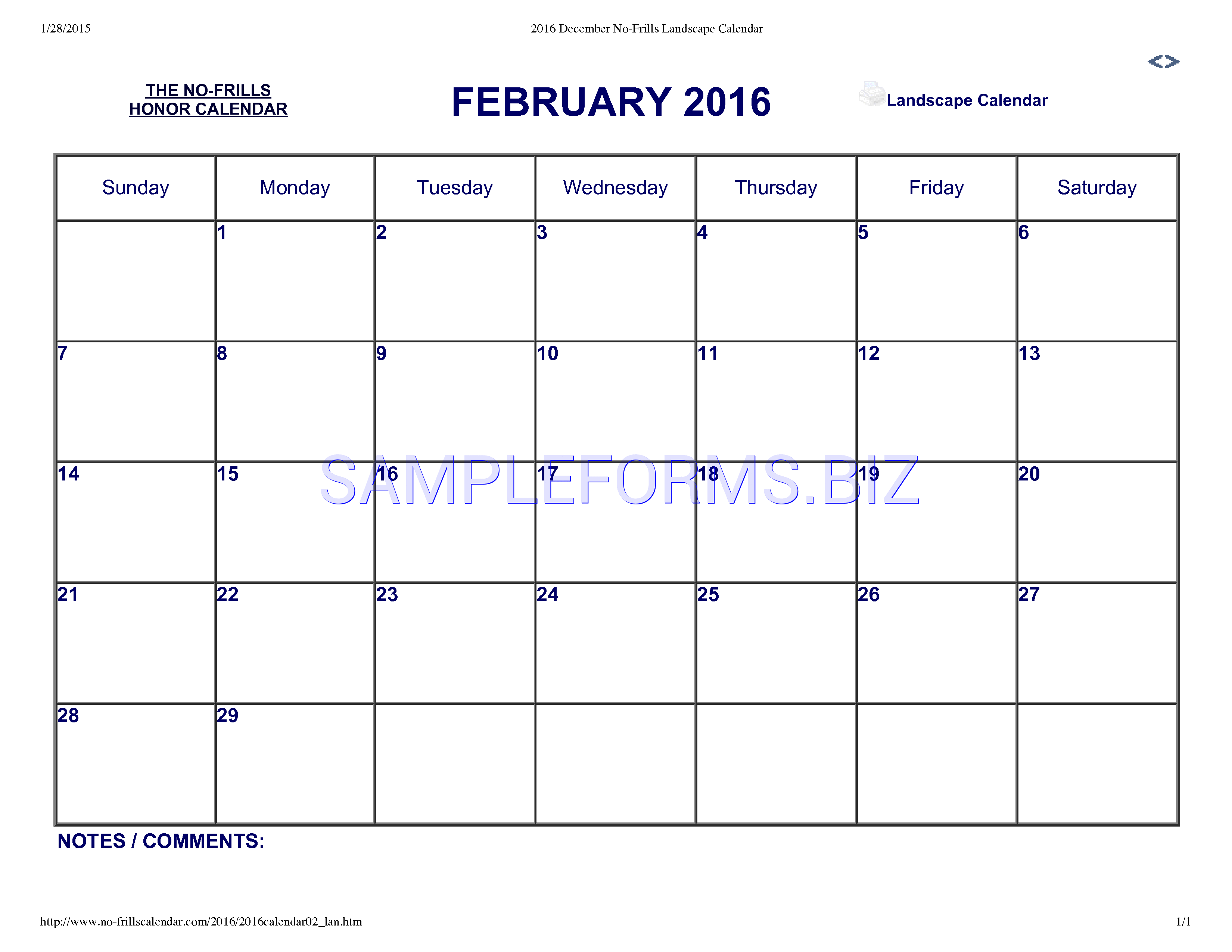 Preview free downloadable February 2016 Calendar 1 in PDF (page 1)